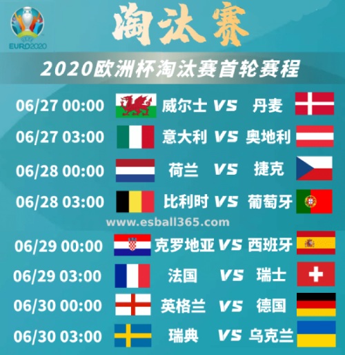 欧洲杯16强赛程时间表